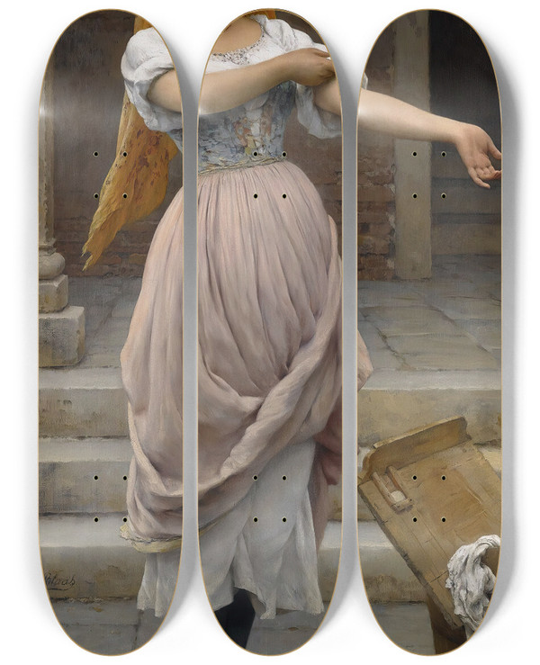 Triptych art skateboard deck of Eugen Von Blaas The Laundress by Eugen Von Blaas (1843-1931)