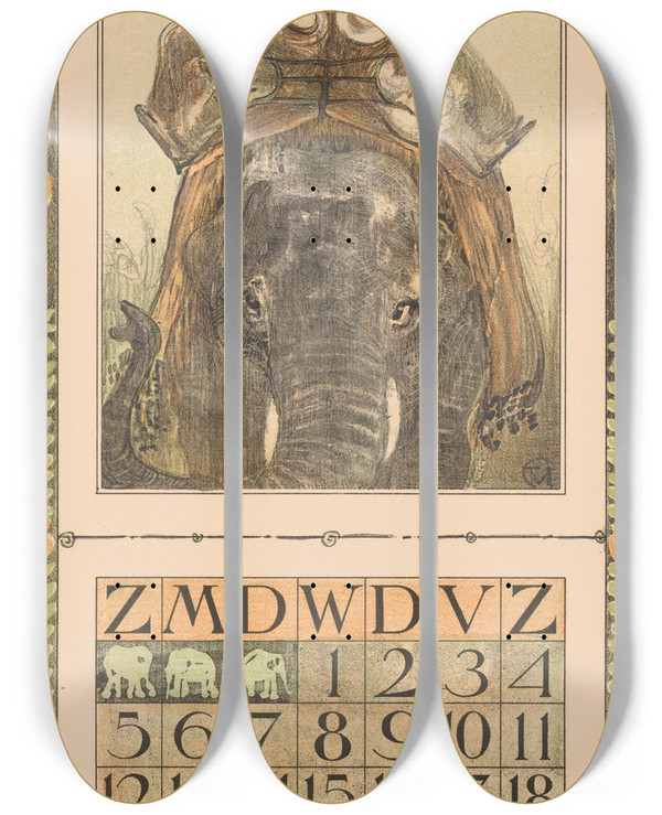 Triptych art skateboard deck of Theo Van Hoytema Kalenderblad Augustus Met Olifant by Theo Van Hoytema (1863-1917)