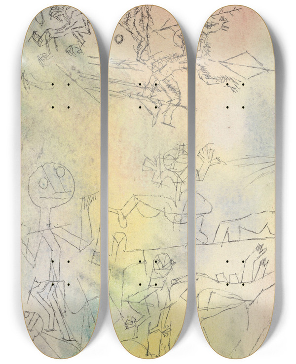 Triptych art skateboard deck of Paul Klee Luftkampf Hhenkampf by Paul Klee (1879-1940)
