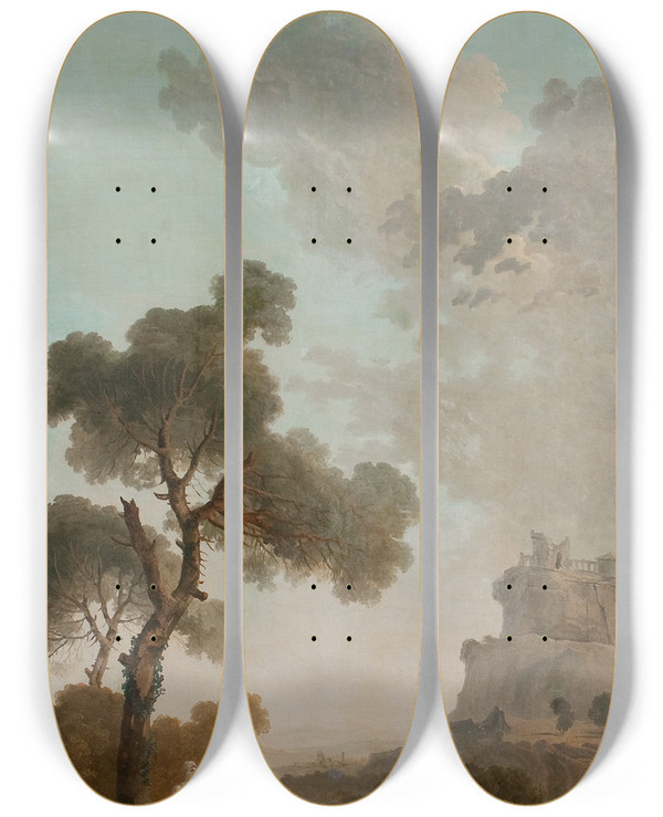 Triptych art skateboard deck of Hubert Robert View From A Terrace by Hubert Robert (1733-1808)
