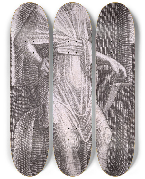 Triptych art skateboard deck of Lambert Suavius Saint Bartholomew by Lambert Suavius (1510-1567)