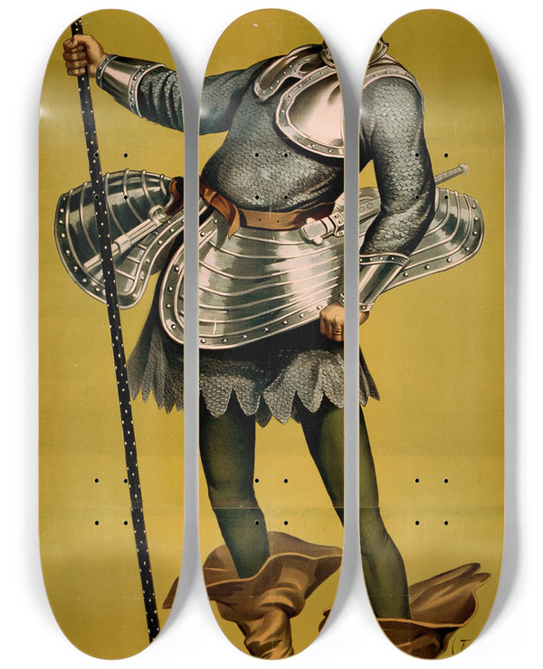 Triptych art skateboard deck of Sewell Collins De Wolf Hopper As El Capitan by Sewell Collins (1876-1934)