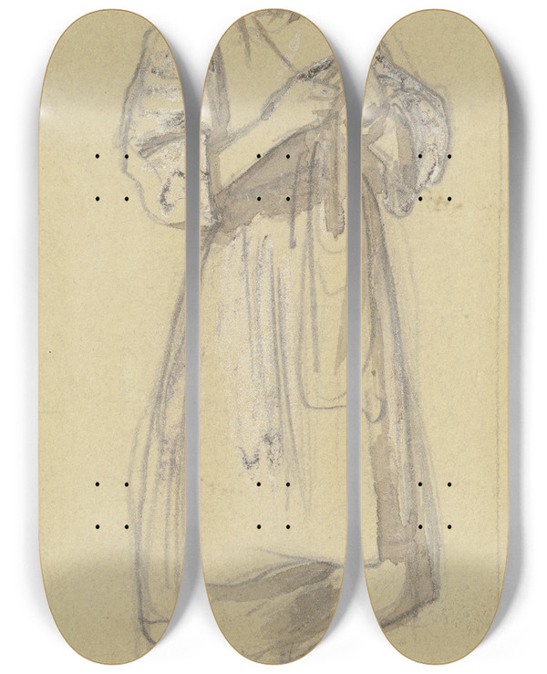 Triptych art skateboard deck of Jakob Frchtegott Dielmann Barfiges Mdchen Strickend by Jakob Furchtegott Dielmann (1809-1885)