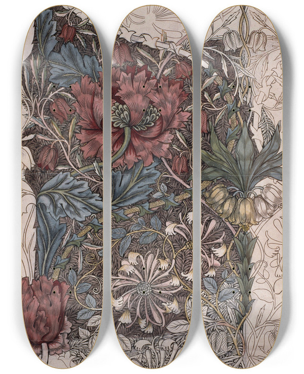 Triptych art skateboard deck of William Morris Honeysuckle_1 by William Morris (1834-1896)