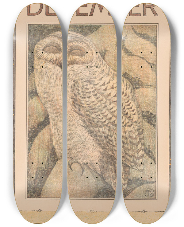 Triptych art skateboard deck of Theo Van Hoytema Kalenderblad December Met Sneeuwuil by Theo Van Hoytema (1863-1917)
