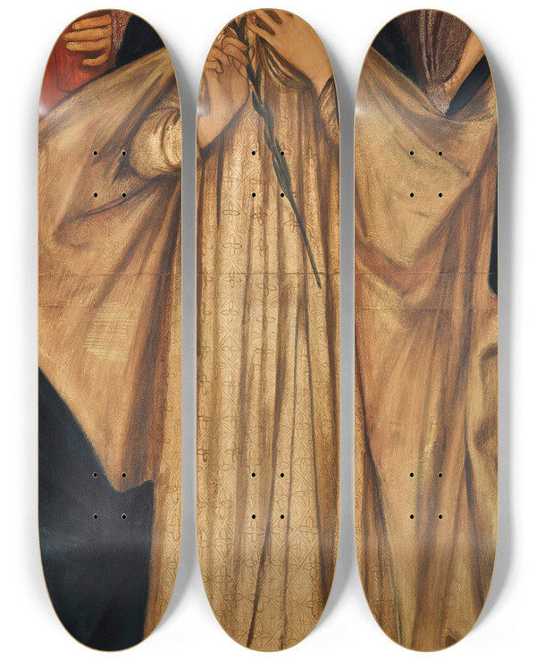 Triptych art skateboard deck of Sir Edward Coley Burnejones The Three Marys by Sir Edward Coley Burne-Jones (1833-1898)