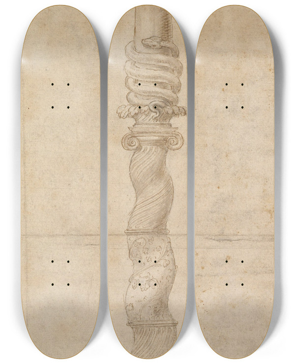 Triptych art skateboard deck of Giulio Romano Design For A Candlestick by Giulio Romano (1492-1546)