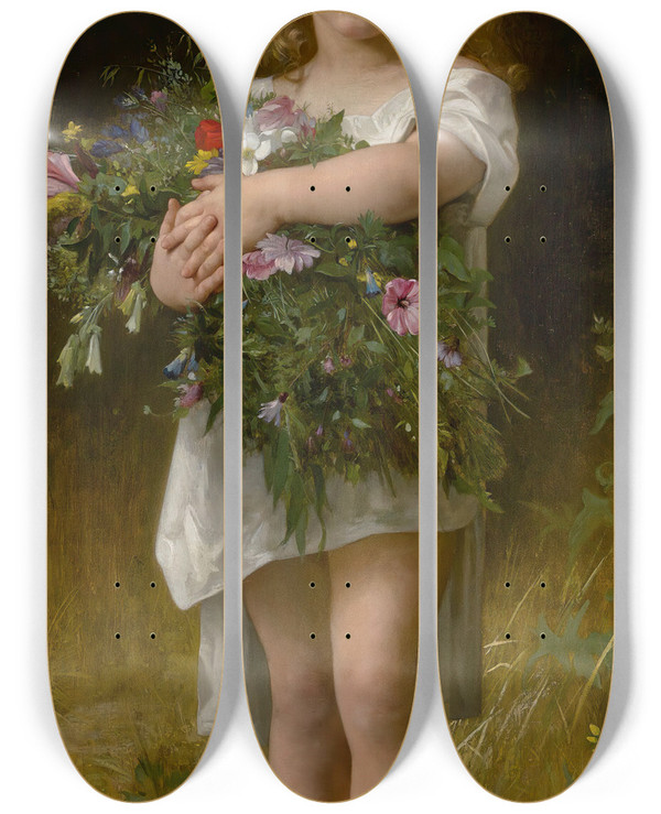 Triptych art skateboard deck of William Bouguereau Fleurs De Printemps by William Bouguereau (1825-1905)