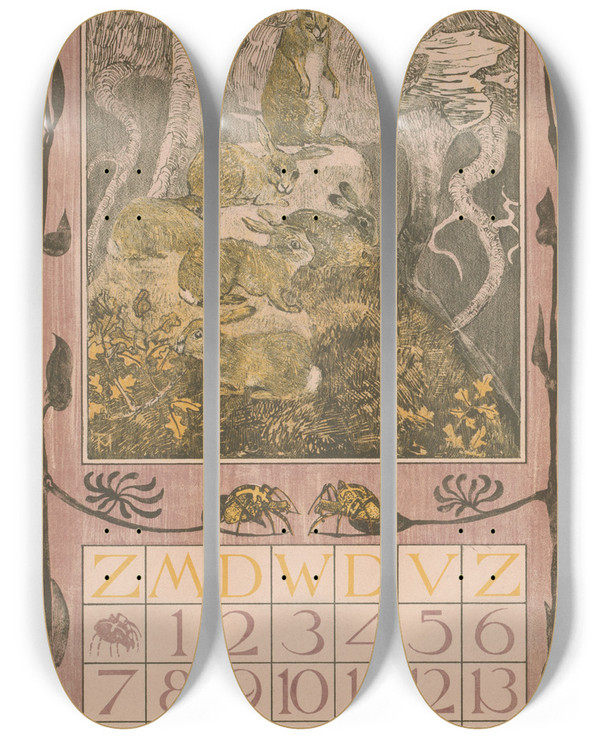 Triptych art skateboard deck of Theo Van Hoytema Kalenderblad September Met Konijnen_1 by Theo Van Hoytema (1863-1917)