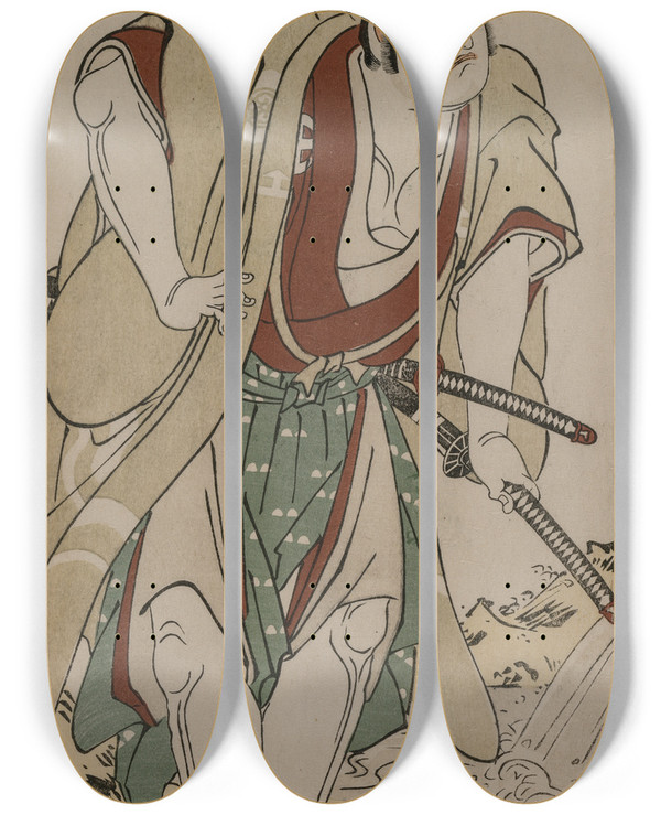 Triptych art skateboard deck of Katsukawa Shunk Otani Hiroji Iii As A Samurai Standing Beside A Stream by Katsukawa Shunko (1743-1812)