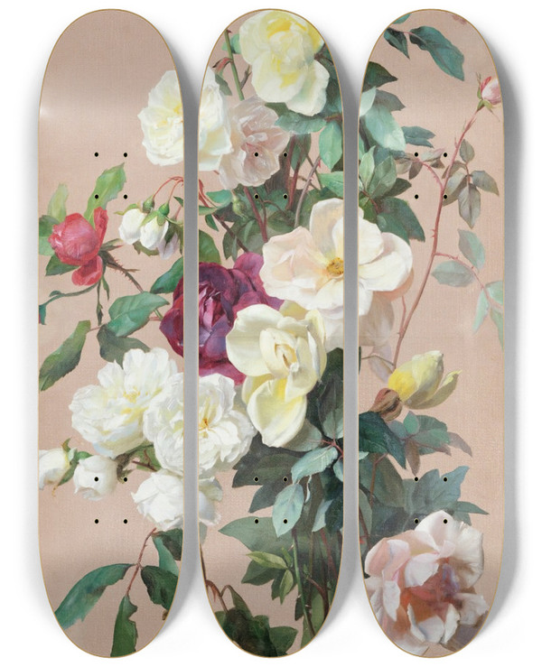 Triptych art skateboard deck of Jean Benner Still Life With Flowers_2 by Jean Benner (1836-1909)