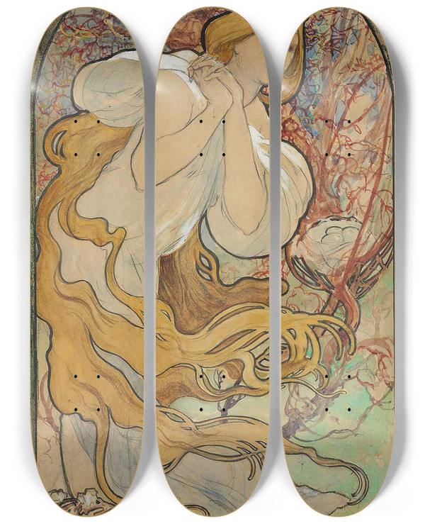 Triptych art skateboard deck of Alphonse Mucha Chocolat Mexicain by Alphonse Mucha (1860-1939)