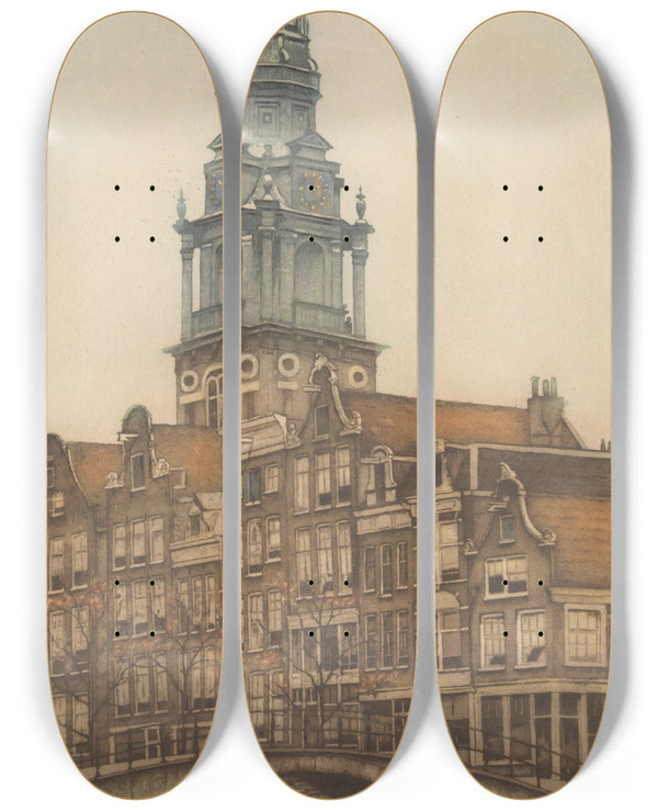 Triptych art skateboard deck of Frans Everbag Zuiderkerk In Amsterdam by Frans Everbag (1877-1947)
