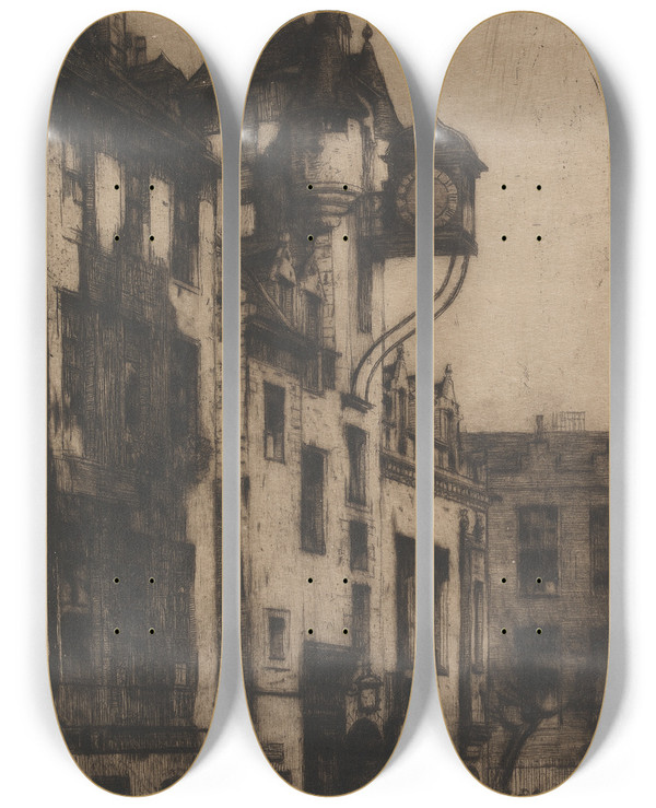 Triptych art skateboard deck of David Young Cameron The Canongate Tollbooth by David Young Cameron (1865-1945)