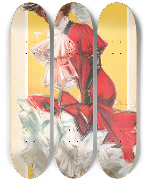 Triptych art skateboard deck of Hamilton King Taking A Stroll by Hamilton King (1871-1941)