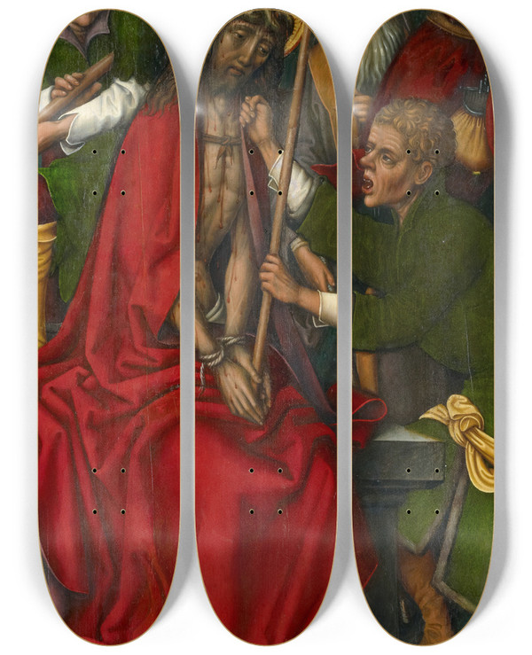 Triptych art skateboard deck of Sigmund Holbein Crowning With Thorns by Sigmund Holbein (1475-1540)