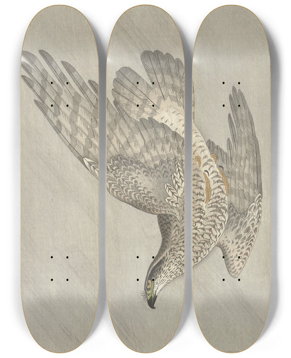 Triptych art skateboard deck of Ohara Koson Hawk Hunting For Hare by Ohara Koson (1877-1945)
