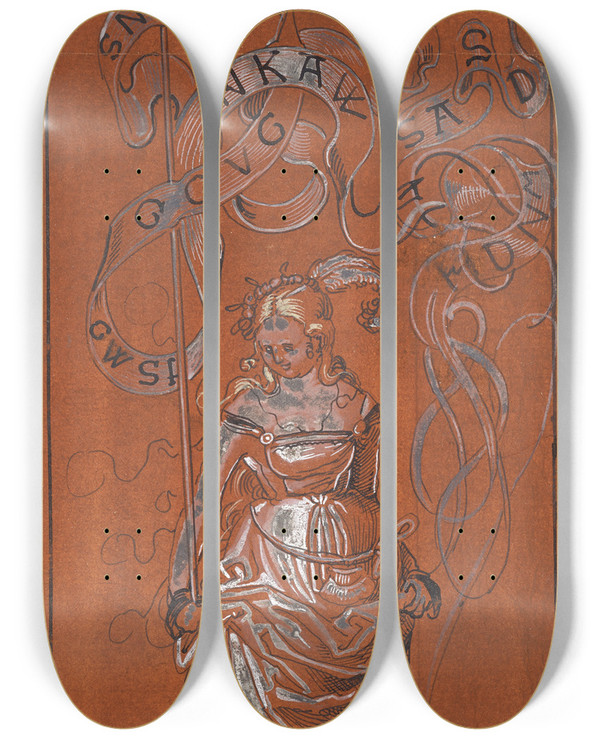 Triptych art skateboard deck of Niklaus Manuel Mdchen Mit Aufgespiesstem Herzen by Niklaus Manuel (1484-1530)
