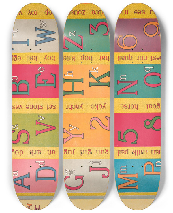 Triptych art skateboard deck of Mcloughlin Bros The Alphabet Blocks by Mcloughlin Bros (1858-1920)