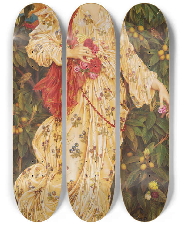Triptych art skateboard deck of Evelyn De Morgan Flora by Evelyn De Morgan (1855-1919)