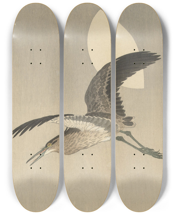 Triptych art skateboard deck of Ohara Koson Heron And Moon by Ohara Koson (1877-1945)