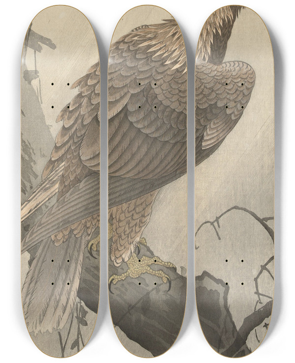 Triptych art skateboard deck of Ohara Koson Eagle On Tree Branch by Ohara Koson (1877-1945)