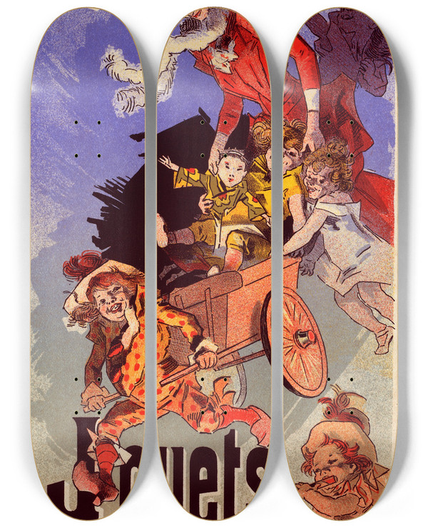 Triptych art skateboard deck of Jules Chret Buttes Chaumont by Jules Cheret (1836-1932)