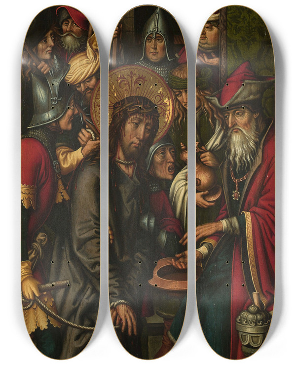 Triptych art skateboard deck of Sigmund Holbein Christ Before Pilate by Sigmund Holbein (1475-1540)