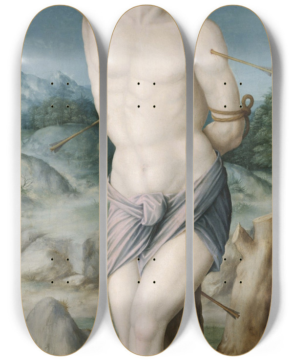 Triptych art skateboard deck of Bacchiacca Saint Sebastian by Bacchiacca (1494-1557)