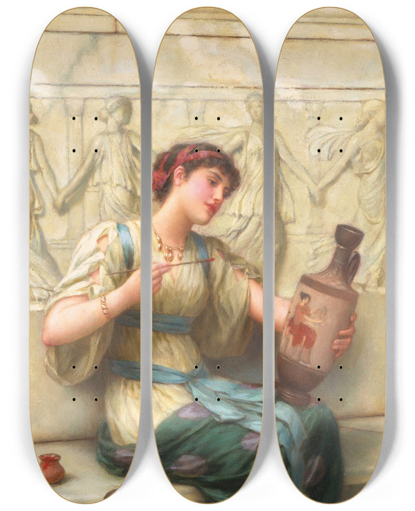 Triptych art skateboard deck of Emile Eismansemenowsky The Finishing Touch by Emile Eisman-Semenowsky (1853-1918)