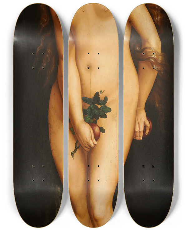 Triptych art skateboard deck of Hans Baldung Eve by Hans Baldung (1484-1545)