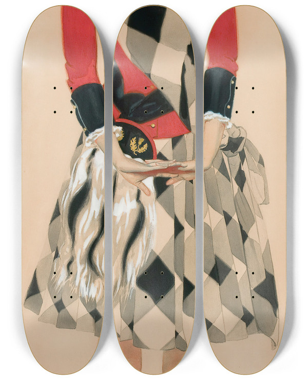 Triptych art skateboard deck of Coles Phillips Hoot Mon by Coles Phillips (1880-1927)