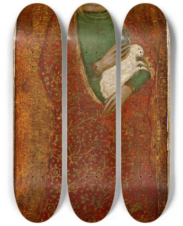 Triptych art skateboard deck of Andrea Di Giusto Saint Agnes by Andrea di Giusto