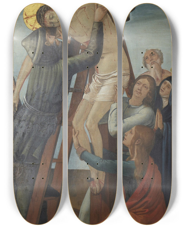 Triptych art skateboard deck of Juan De Borgoa Deposition From The Cross by Juan de Borgoa (1470-1536)