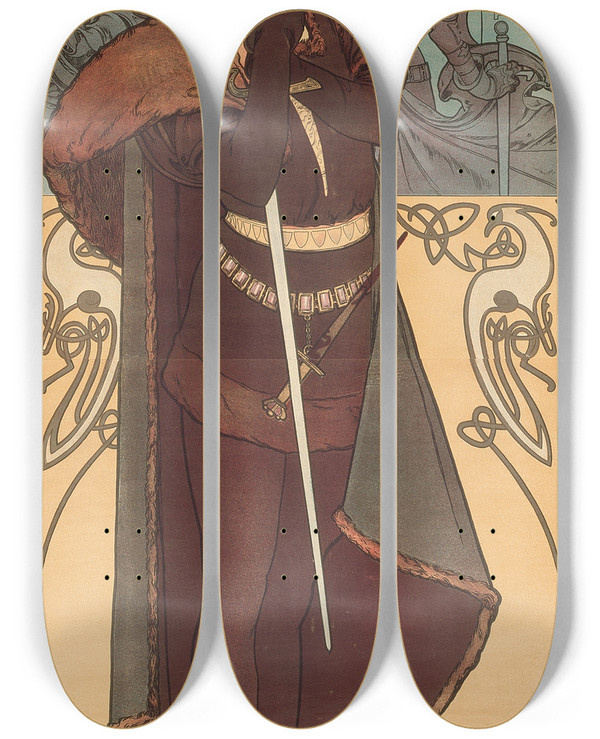 Triptych art skateboard deck of Alphonse Mucha Hamlet by Alphonse Mucha (1860-1939)