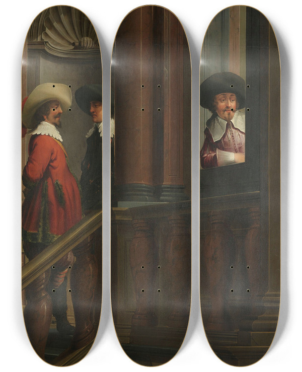Triptych art skateboard deck of Dirck Van Delen A Sevenpart Decorative Sequence An Outdoor Stairway_1 by Dirck Van Delen (1604-1671)