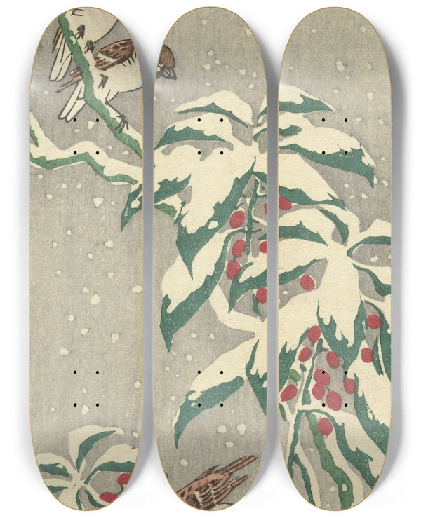 Triptych art skateboard deck of Ohara Koson Sparrows On Snowy Currant Bush by Ohara Koson (1877-1945)