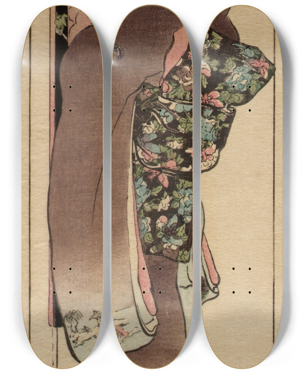 Triptych art skateboard deck of Helen Hyde The Mirror by Helen Hyde (1868-1919)