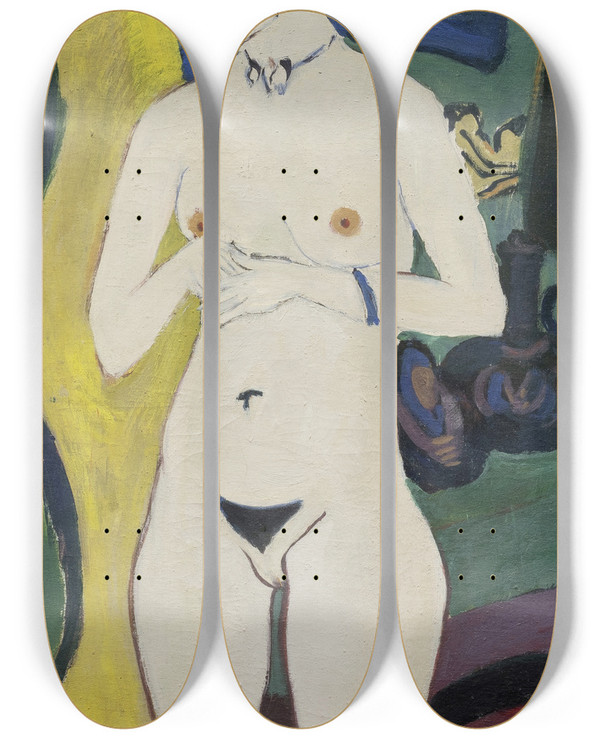 Triptych art skateboard deck of Ernst Ludwig Kirchner Nude With Hat_2 by Ernst Ludwig Kirchner (1880-1938)