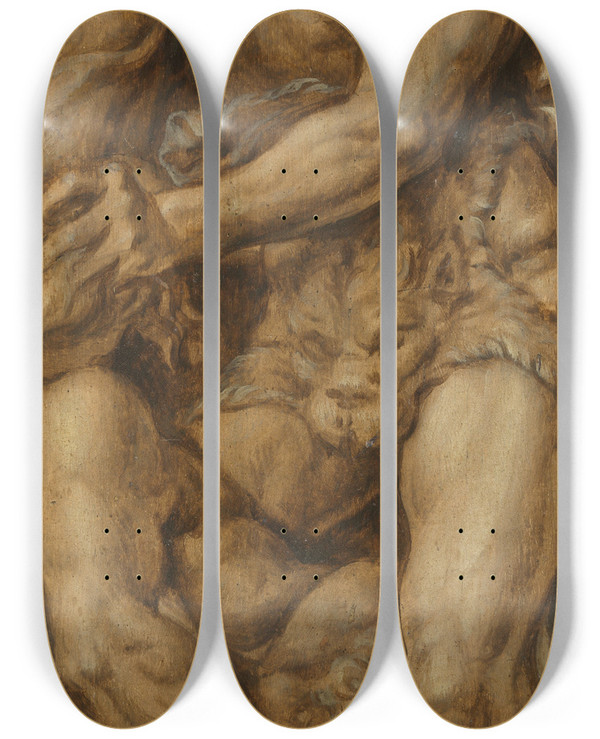 Triptych art skateboard deck of Maarten Van Heemskerck Hercules Destroying The Centaur Nessus by Maarten Van Heemskerck (1498-1574)