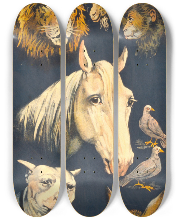 Triptych art skateboard deck of Otis Lithograph Co Thurston Master Magician And His Pets by The Otis Lithograph Co (19-20-)