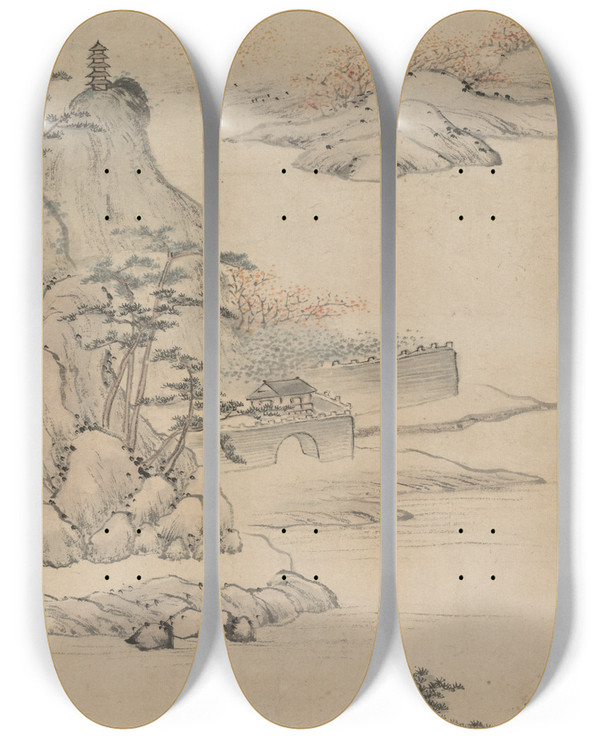 Triptych art skateboard deck of Kimura Kenkad Landscape With Boaters by Kimura Kenkado (1736-1802)