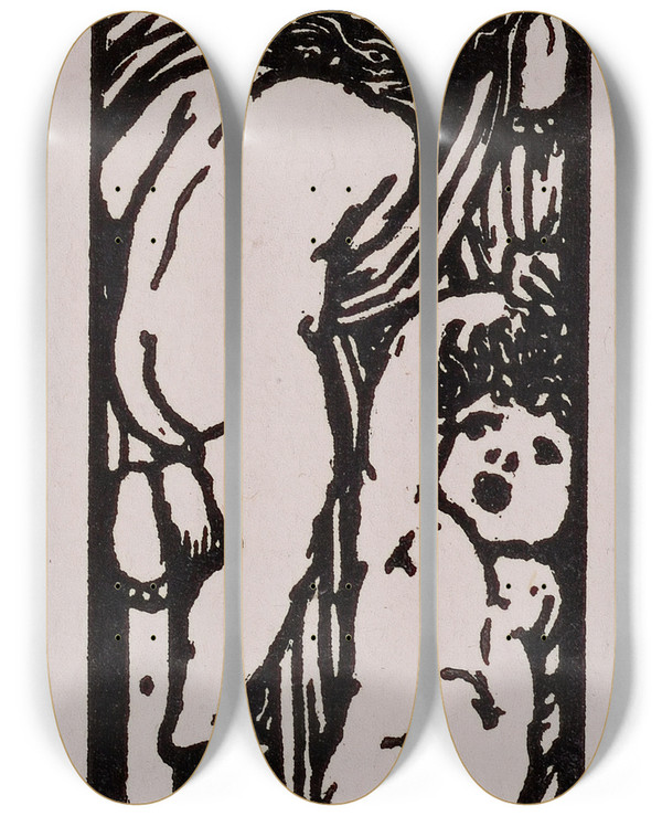 Triptych art skateboard deck of William Morris Love Is Enough Upright Border Or Sidepiece With Four Putti by William Morris (1834-1896)