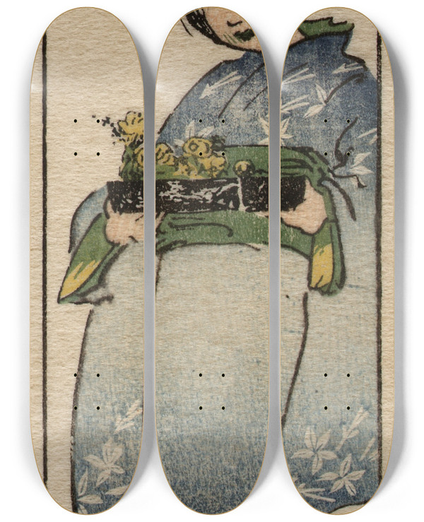 Triptych art skateboard deck of Helen Hyde Happiness Flower by Helen Hyde (1868-1919)