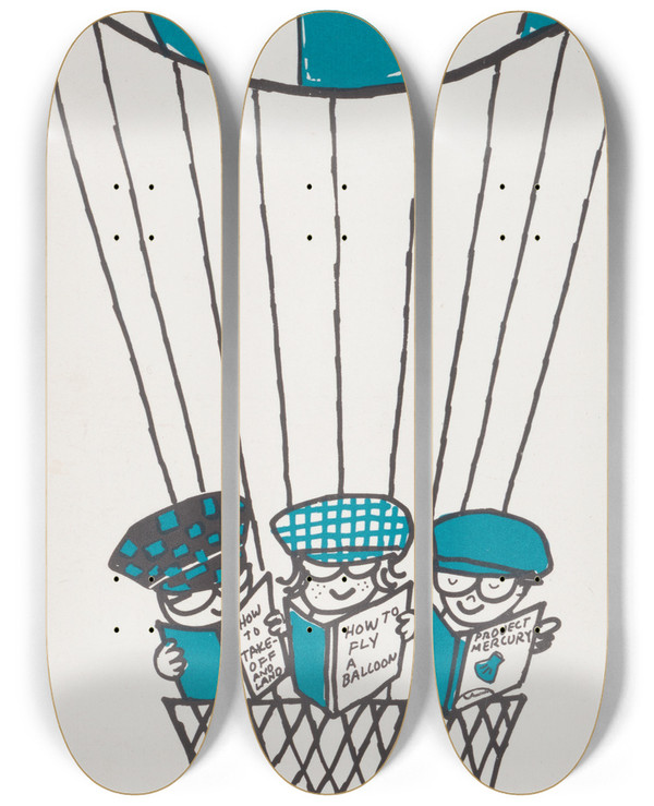 Triptych art skateboard deck of Leonard Kessler I Like Books by Leonard Kessler (1920)