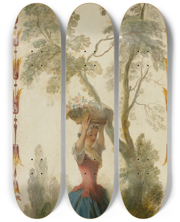 Triptych art skateboard deck of Nicolas Lancret Horticulture by Nicolas Lancret (1690-1743)