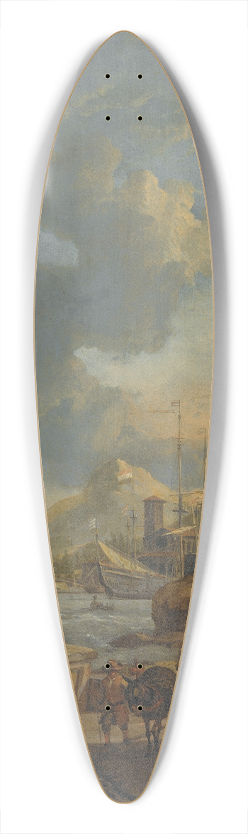 Abraham Storck - A Mediterranean Harbour Scene With Travellers On The Shore, A Dutch Man-Of-War On The Left 39.3 inch art pintail longboard deck