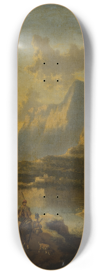 Jan Hackaert - Mountainous Landscape with Rider at Sunset 8.25 inch art skate deck