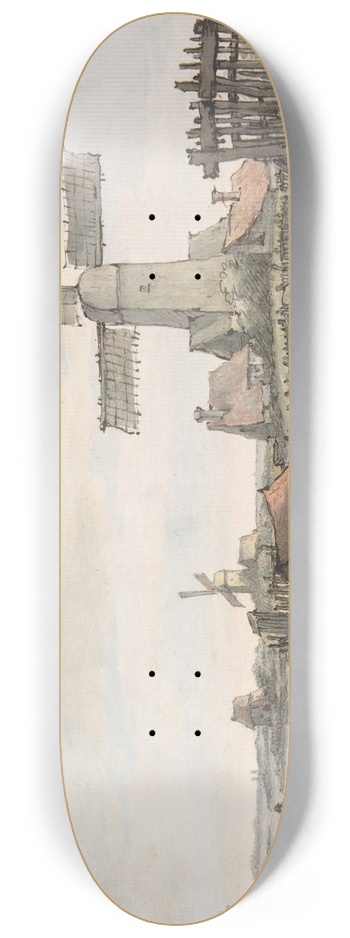 Jan Hulswit - View of a Canal with Three Windmills 8.25 inch art skate deck