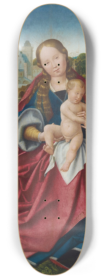 Jan Provost - The Virgin and Child with angels in a landscape, a village beyond 8.25 inch art skate deck